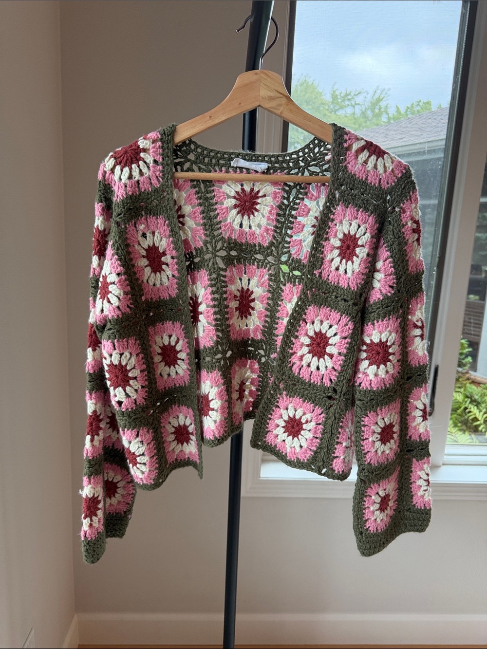 Sage Crochet Open-Front Cardigan in Olive, Pink & Cream